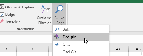 Giriş sekmesi > Bul & seç > Değiştir
