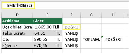 F2 Hücresinde =EMETİNSE(E2) formülü kullanıldığında DOĞRU sonucu döndürülür