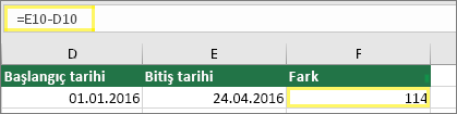 1/1/2016'yı içeren D10 Hücresi, 4/24/2016'yı içeren E10 Hücresi, için F10 Hücresinde =E10-D10 formülü kullanıldığında 114 sonucu döndürülür