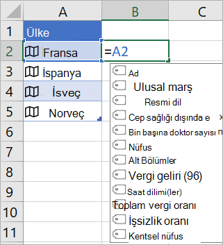 A2 hücresi Fransa'yı içerir; B2 hücresinde =A2 var. ifadesini içeren B2 hücresi ve bağlantılı kayıttaki alanlara sahip formülü otomatik tamamlama menüsü görüntülenir