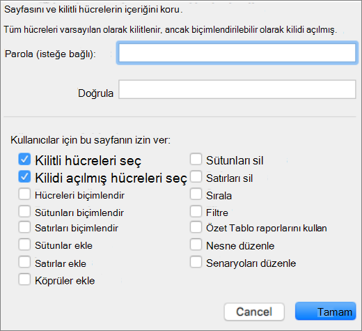 Bir sayfa içinde koruma için kullanılabilen öğeleri gösteren ekran görüntüsü.