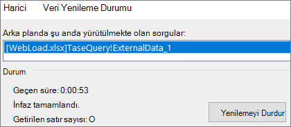 Dış Veri Yenileme Durumu iletişim kutusu