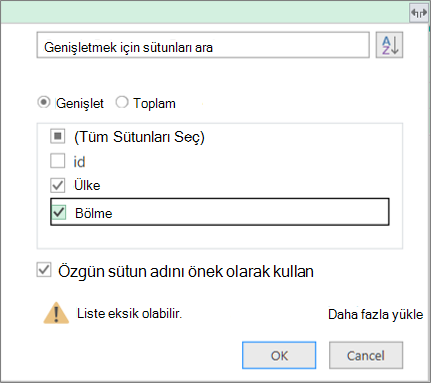 yapılandırılmış tabloyu sorgu tablosuna genişletme