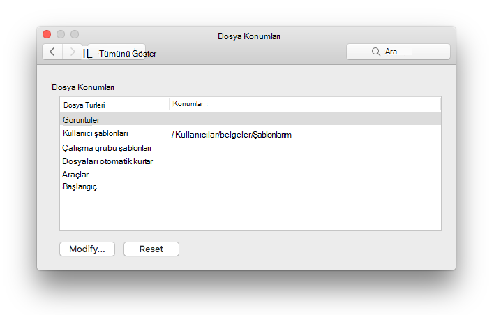 Microsoft Word'daki Dosya konumları tercih panelinin ekran görüntüsü