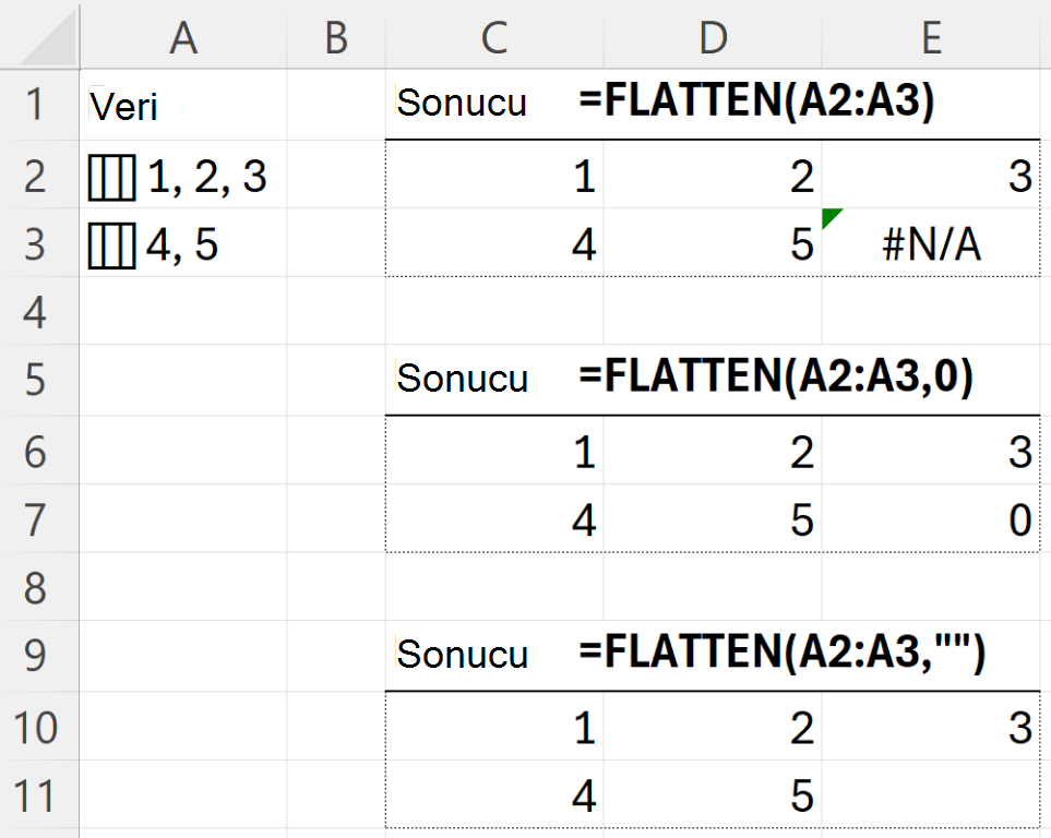 Tırtıklı sonuçta #N/A hatalarını değiştirmek için FLATTEN'de pad_value bağımsız değişkenini kullanma