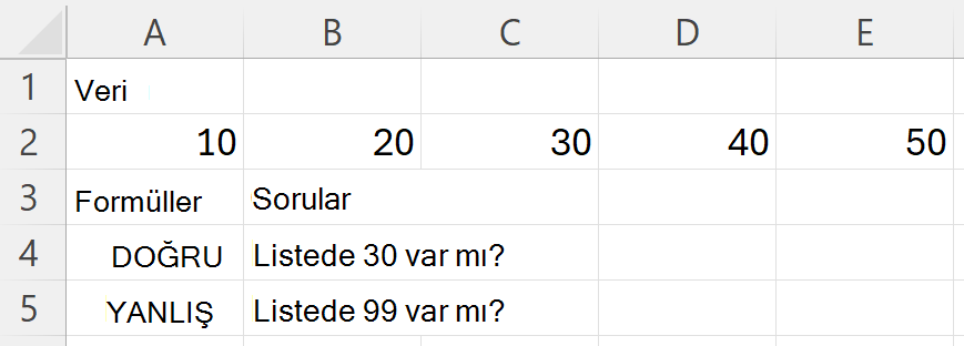 HAS, 10, 20, 30, 40, ve 50 içeren bir aralıkta arama yaparken 30 için DOĞRU ve 99 için YANLIŞ döndürür