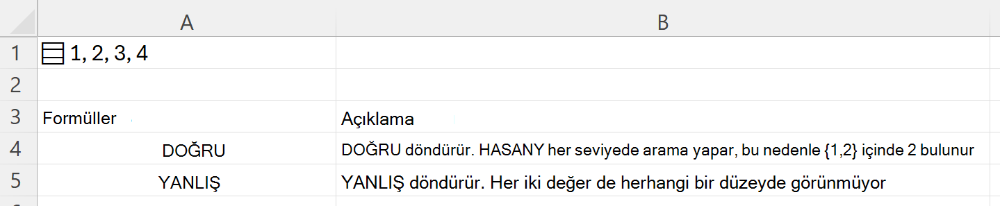 Tek bir hücrede saklanan iç içe dizinin içinde arama yapmak için HASANY kullanma
