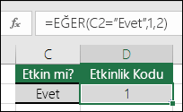 D2 hücresindeki formül: =EĞER(C2=Evet,1,2)