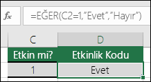 D2 hücresindeki formül: =EĞER(C2=1,EVET,HAYIR)
