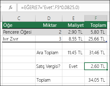 F7 hücresindeki formül: EĞER(E7=Evet,F5*0,0825,0)