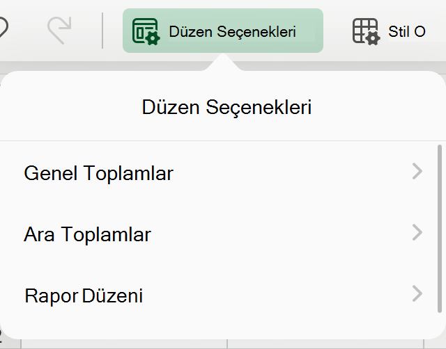 iPad'de PivotTable düzeni açılır menüsü.
