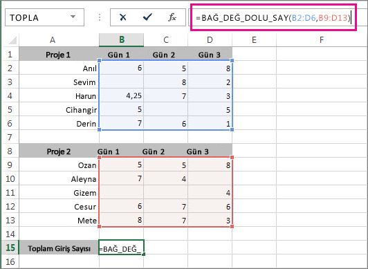 2 hücre aralığını saymak için BAĞ_DEĞ_DOLU_SAY işlevini kullanma