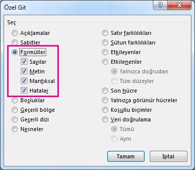 Özel Git kutusundaki formül bulma seçenekleri