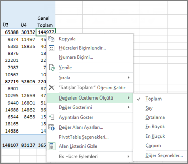 PivotTable’daki sayısal değer alanı varsayılan olarak Topla işlevini kullanır