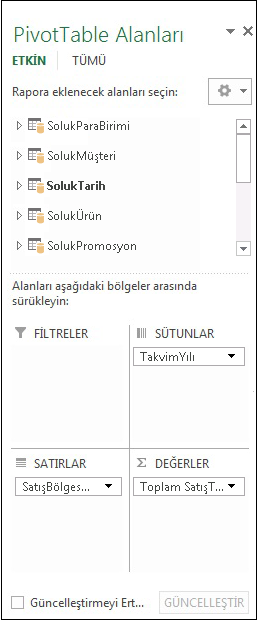 PivotTable Alanlar listesi