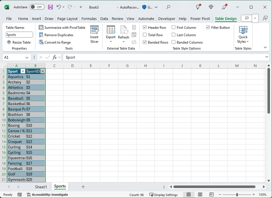 Excel'de bir tabloyu adlandırma