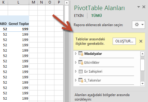PivotTable Alanları’nda ilişki OLUŞTUR... istemi