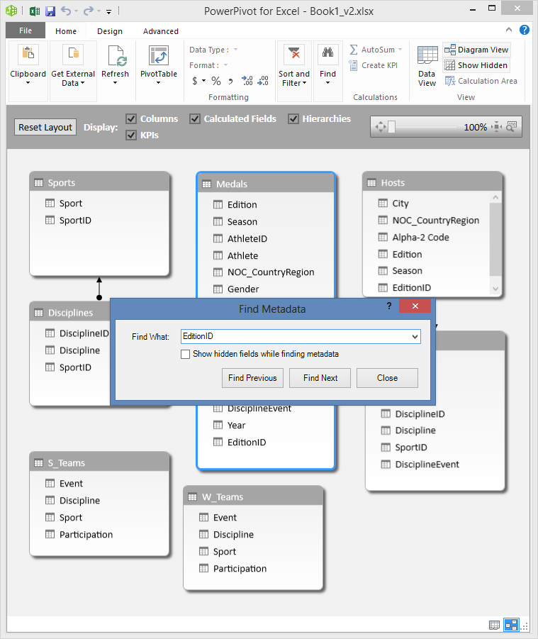 PowerPivot Diyagram Görünümü’nde Bul özelliğini kullanma