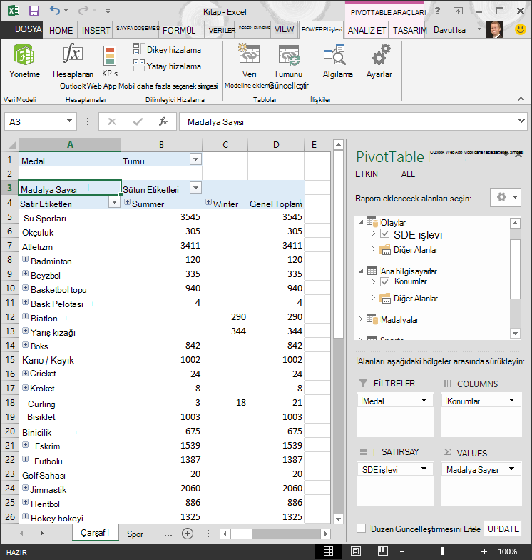 Hiyerarşi eklenmiş PivotTable