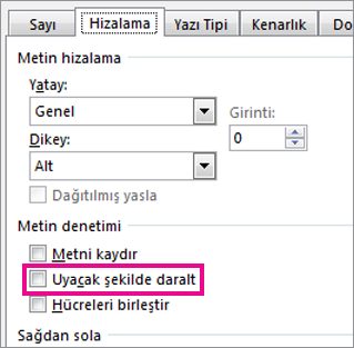 Hücreleri Biçimlendir iletişim kutusunun Hizalama sekmesindeki Uyacak şekilde daralt öğesi