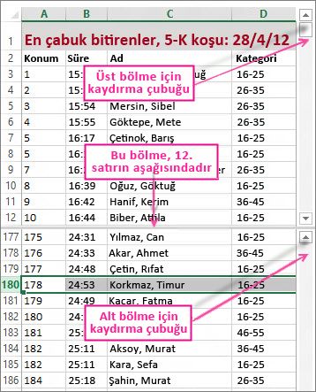 Satırların iki bölgesini görmek için bölme özelliğini kullanma