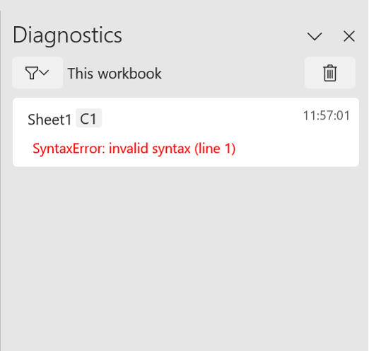 Bir sözdizimi hatası gösteren Excel'de Python tanılama görev bölmesi.