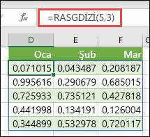 Excel'de RASGDİZİ işlevi. RASGDİZİ(5,3), 5 satır uzunluğunda ve 3 sütun genişliğinde bir dizide 0 ile 1 arasında rastgele değerler döndürür.