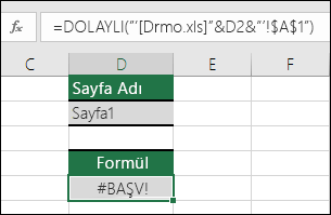 bir çalışma kitabına yapılan DOLAYLI başvuru nedeniyle oluşan #REF! hatası örneği.