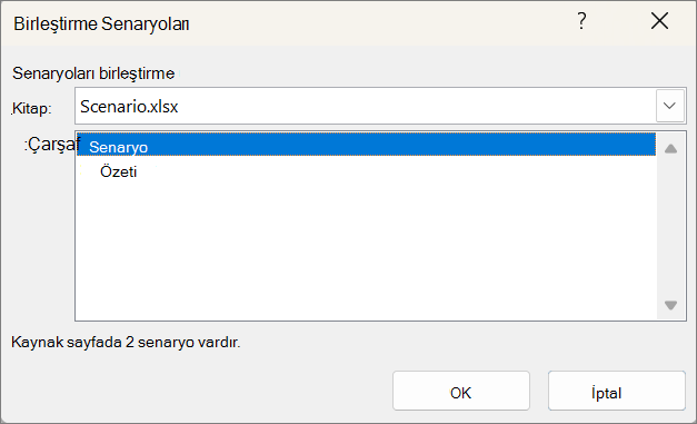 Senaryoları Birleştir iletişim kutusunu gösteren ekran görüntüsü.