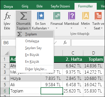 Otomatik olarak bir Topla formülü oluşturmak için Otomatik Toplam Sihirbazı'nı kullanabilirsiniz. Toplanacak aralığın üstünde/altında veya solunda/sağında bir aralık seçin ve Şeritteki Formül sekmesine gidin, ardından Otomatik Toplam & TOPLA'yı seçin.