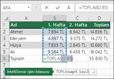 B6 hücresinde Otomatik Toplam Topla formülü gösterilir: =TOPLA(B2:B5)