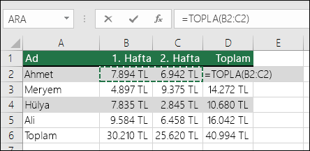 D2 hücresinde Otomatik Toplam Topla formülü gösterilir: =TOPLA(B2:C2)
