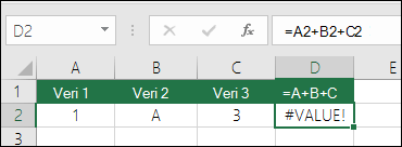 Kötü formül yapısı örneği. D2 hücresindeki formül: =A2+B2+C2