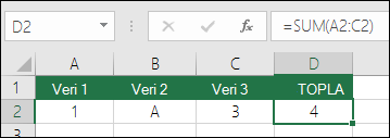 Doğru formül yapısı. =A2+B2+C2 yerine D2s hücresindeki formül şu şekildedir: =TOPLA(A2:C2)