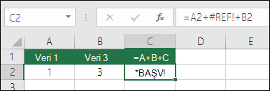 #REF! hatası örneği. Formül =A2+#REF!+B2 olarak değiştirildi