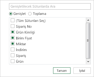 Sütun adlarını seçme