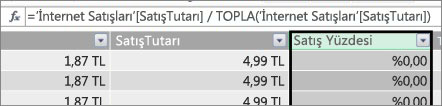 Satış Yüzdesi Hesaplanan Sütunu