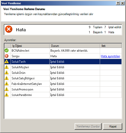 PowerPivot'ta veri yenileme durumu iletileri
