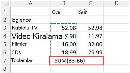 Giriş > Otomatik Toplamı tıklatılarak oluşturulan formül