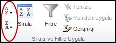 Excel'de Veri sekmesindeki Sırala & Filtre grubunda bulunan Sırala düğmeleri
