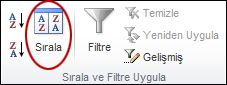 Excel'de Veri sekmesindeki Sırala & Filtre grubunda yer alan Sırala komutu