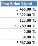 Hücrelere uygulanmış Para Birimi sayı biçimi