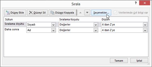 Sıralama iletişim kutusunu açmak için Sırala’ya tıklayın