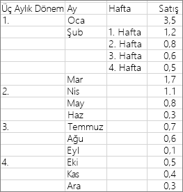 Örnek güneş ışığı grafiğini oluşturmak için kullanılan veriler