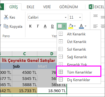 tabloya veya veri aralığına kenarlık ekleme