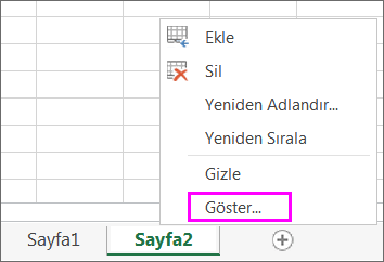 Gizli çalışma sayfaları olup olmadığını denetlemek için herhangi bir sayfa sekmesini sağ tıklatın.
