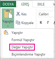 Excel Web App’te Değerleri Yapıştır’ı gösteren Yapıştır komutu