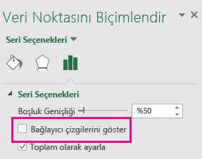 Office 2016'da Bağlayıcı Çizgilerini Göster kutusunun işaretlenmemiş olarak göründüğü Veri Noktasını Biçimlendir görev bölmesi