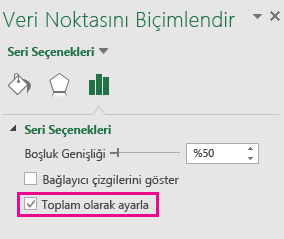 Windows için Office 2016'da Toplam olarak ayarla seçeneğinin işaretli olduğu Veri Noktasını Biçimlendir görev bölmesi