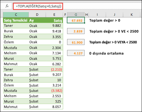 Bazı koşullara göre hesaplamaya yönelik dizileri kullanabilirsiniz. =TOPLA(EĞER(Satış>0,Satış)), Satış adlı aralıkta 0'dan büyük tüm değerleri toplar.